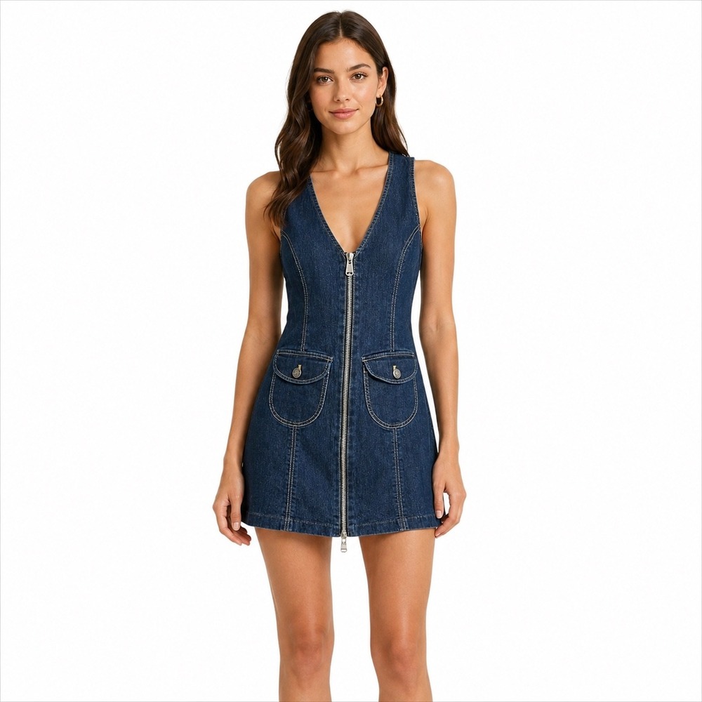 Cinq a Sept Irena Denim V-Neck Mini Dress Size 6 Zip Front Pockets Stretch